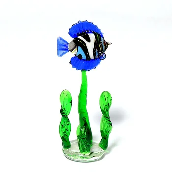 Lucrate manual din sticlă de murano figurine de pește pe plante de apă Creative lampwork Sculptură în sticlă ornament rare decor acvariu accesorii
