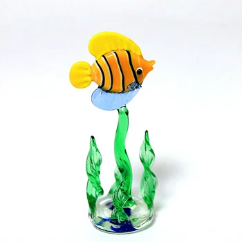 Lucrate manual din sticlă de murano figurine de pește pe plante de apă Creative lampwork Sculptură în sticlă ornament rare decor acvariu accesorii