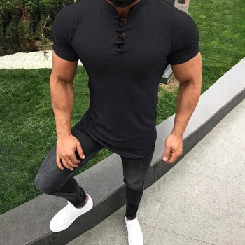 2019 Vară pentru Bărbați T-Shirt de Înaltă Calitate, Slim Fit Muscle Tee Mens V-Gât Dantelă-up Casual Om Tricou Maneca Scurta Casual Topuri Plus Dimensiune