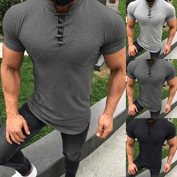 2019 Vară pentru Bărbați T-Shirt de Înaltă Calitate, Slim Fit Muscle Tee Mens V-Gât Dantelă-up Casual Om Tricou Maneca Scurta Casual Topuri Plus Dimensiune