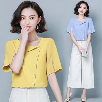 Birou Doamnă De Vară 2021 Noua Moda Bluza Sifon Design Asimetric Femeie Tricouri Maneca Scurta Split Tricouri Blaturi Solide 9976