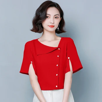 Birou Doamnă De Vară 2021 Noua Moda Bluza Sifon Design Asimetric Femeie Tricouri Maneca Scurta Split Tricouri Blaturi Solide 9976