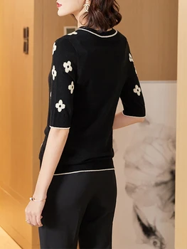 Lână tricotate florale femeie tricotate bluze maneca scurta top harajuku kpop stil coreean haine de femei