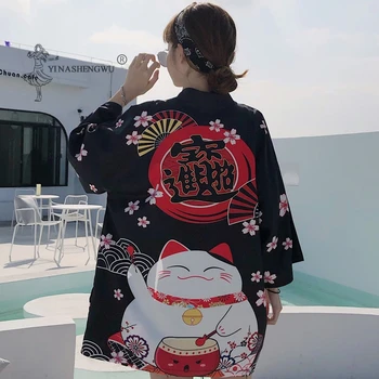 Kimono japonez Cardigan Yukata Femei Harajuku Japonia Tricouri Largi Topuri Casual Fete flori de Cires Pisica Print Kimono Cosplay Sus