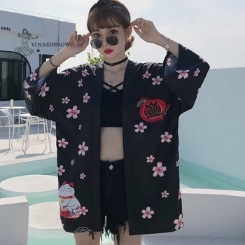 Kimono japonez Cardigan Yukata Femei Harajuku Japonia Tricouri Largi Topuri Casual Fete flori de Cires Pisica Print Kimono Cosplay Sus
