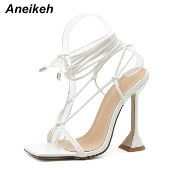 Aneikeh 2020 Nou Sexy PU Tocuri Subtiri, Sandale de Vară Eco-Legat Fluture Dulce-Nod Bandă Îngustă Solid Pantofi de Nunta Pentru Femei