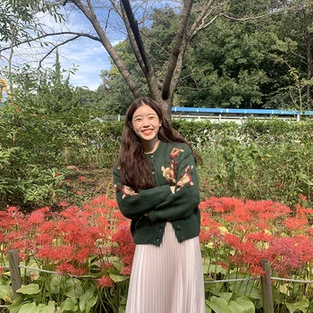 Femei Floare Broderie Tricot Pulovere Jachete de Moda Toamna-coreean Pierde O-neck Cardigan Gros Femei Tricotate Uza 2020