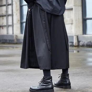 Homens fita de îmbinare solto casual preto perna larga kimono calças saia masculina streetwear hip-hop, punk gótico harem