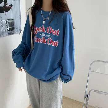 WERUERUYU Supradimensionat Femei Toamna Top T-Shirt cu Maneci Lungi Hip Hop BF Streetwear Casual Stil coreean Plus Dimensiunea Vrac Tricou