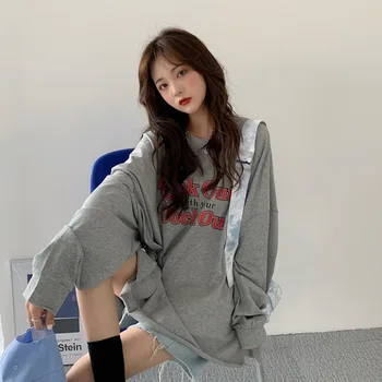WERUERUYU Supradimensionat Femei Toamna Top T-Shirt cu Maneci Lungi Hip Hop BF Streetwear Casual Stil coreean Plus Dimensiunea Vrac Tricou