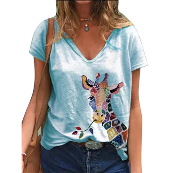 Topuri Femei Casual V Gatului Maneca Scurta desen Animat Girafa Imprimare Pierde T-shirt de Sus de Îmbrăcăminte pentru Femei ropa de mujer 2020