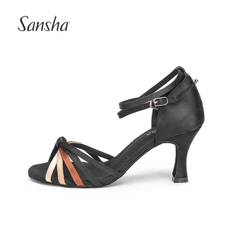 Sansha Doamnelor Satin Pantofi de Dans latino Aproximativ 7,5 CM Inaltime Toc Negru de Dans Pantofi Pentru Fete Femei Salsa Pantofi BR31102S