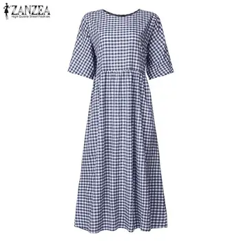 Boem Verifica Maxi Rochie pentru Femei rochie de vară 2021 ZANZEA Casual Maneca Jumătate Tunica Vestidos de sex Feminin Camasa Carouri Haina Plus Dimensiune 5XL