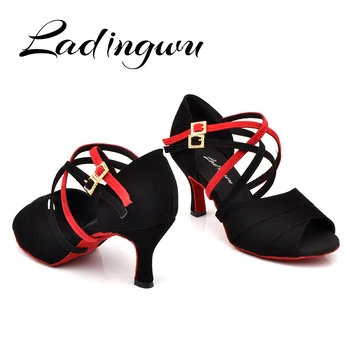 Ladingwu dans latino pantofi femei Negru/Rosu Flanel Pantofi de Dans Roșu Moale Jos Cuba cu toc de 6-10cm Salsa dans