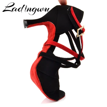 Ladingwu dans latino pantofi femei Negru/Rosu Flanel Pantofi de Dans Roșu Moale Jos Cuba cu toc de 6-10cm Salsa dans