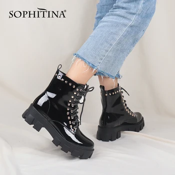 SOPHITINA Cizme pentru Femei de Moda de petrecere a timpului Liber de Înaltă Calitate din Piele de Brevet Doamnelor Cizme Glezna Nit Decor Dantela Sus Pantofi pentru Femei C813
