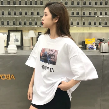 T-shirt Femei de Vară O-gat Maneci Scurte Supradimensionat Liber la Modă Retro Agrement Teuri Scrisoarea Imprimate Stil coreean Femei Tricouri BF