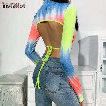 InstaHot sexy backless tie dye maneca lunga tricouri vara crop top pentru femei streetwear tipărite bandaj 2020 moda topuri casual