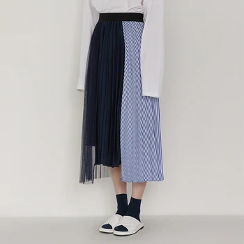 Elastic, Fusta Cu Talie Inalta 2019 Îmbinat Moda Fuste Plisate Femei Plasă De Mozaic Cu Dungi Faldas Casual Saia Fusta Midi Vintage