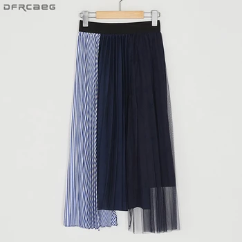 Elastic, Fusta Cu Talie Inalta 2019 Îmbinat Moda Fuste Plisate Femei Plasă De Mozaic Cu Dungi Faldas Casual Saia Fusta Midi Vintage