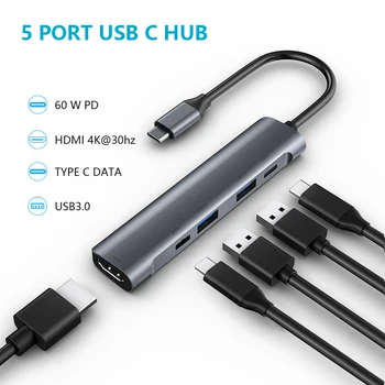 C USB HUB Tip c Adaptor de la HDMI compatibil 4K, USB 3.0, Jack de 3,5 MM pentru căști PD 60W TIP C Docking station