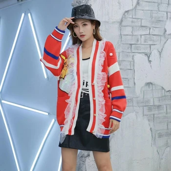 Contrast pulover haina de sex feminin 2019 începutul toamnei versiunea coreeană hip hop fată de desene animate dragoste paiete rosu cardigan tricot maree