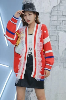 Contrast pulover haina de sex feminin 2019 începutul toamnei versiunea coreeană hip hop fată de desene animate dragoste paiete rosu cardigan tricot maree
