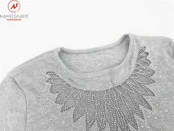 Femei Elegante Toamna Iarna Slim Tricouri Mozaic Gol Afară De Proiectare Ștrasuri Din Mărgele Decor Vedea Prin O-Neck Maneca Lunga Top Solid