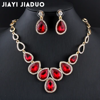 Jiayijiaduo Fierbinte din africa set Bijuterii de Aur-culoare cristalul set colier și cercei set pentru femei Rosu cristal nunta bijuterii set