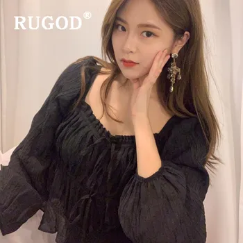 RUGOD 2019 Noi Femeile Cămașă Plisată Pătrat Guler Mâneci Lungi, Curea Volane Slim Bluza Temperament Zână coreean Chic Blusas
