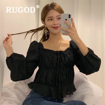 RUGOD 2019 Noi Femeile Cămașă Plisată Pătrat Guler Mâneci Lungi, Curea Volane Slim Bluza Temperament Zână coreean Chic Blusas