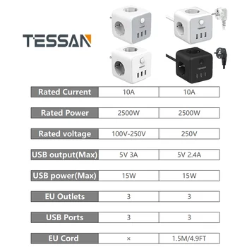 TESSAN UE Plug prelungitor Adaptor de Călătorie cu UE 3 Puncte 3 Porturi USB On/Off, Comutator de Perete Soclu