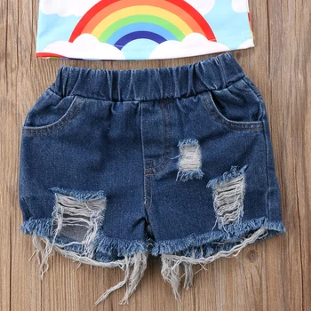2019 Copii Drăguț Fete pentru Copii Rainbow Topuri tricou Denim Pantaloni, Blugi, Costume de Haine Set