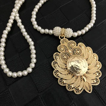 Marocan Frumoase, Mari, Rotunde Aur Pandantiv Colier de Perle pentru Mirese Lung Lanț Colier de Flori de Partid Caftan de Bijuterii