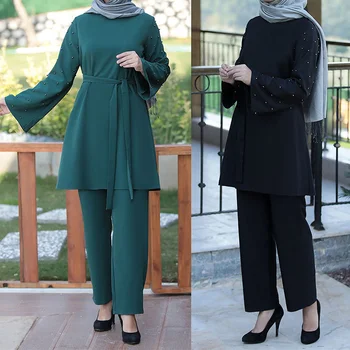 Musulman 2 Seturi de Piese Femeile Abaya Dubai Dantela-up Topuri și Pantaloni Largi Picior Caftan Eid Pakistan, Turcia, Africa de Rugăciune Islamice Îmbrăcăminte