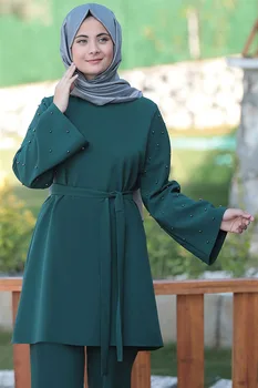 Musulman 2 Seturi de Piese Femeile Abaya Dubai Dantela-up Topuri și Pantaloni Largi Picior Caftan Eid Pakistan, Turcia, Africa de Rugăciune Islamice Îmbrăcăminte