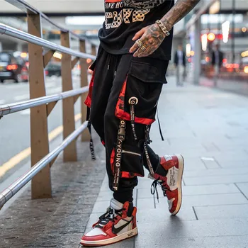 Hip Hop Panglici Pantaloni Barbati Pantaloni Joggers Streetwear Bărbați 2019 Moda Mens Elastic Talie Pantaloni Panglici de Bumbac Negru HW203