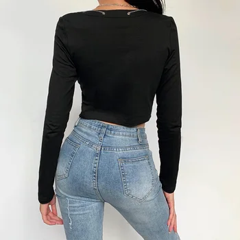 LVINMW Sexy cu Maneci Lungi Deschide Stich Lanț de Metal Negru Crop Top 2020 Femei Solidă Cardigan Casual Topuri tricou Outwear Streetwear