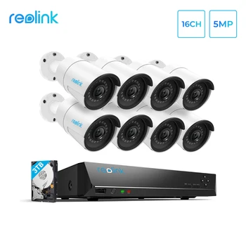 Reolink 5MP Camera IP de Securitate de Sistem PoE 16ch NVR&8 IP în aer liber, Camere cu Infraroșu 3TB HDD RLK16-410B8