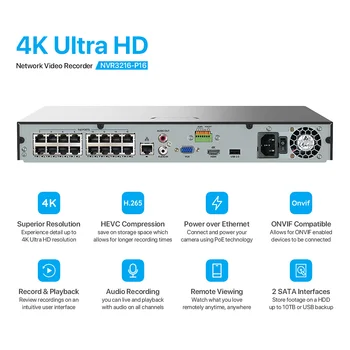 H. Vezi 16Ch 4K Ultra Hd aparat de Fotografiat Cctv, Sistem de Securitate 8Mp Supraveghere Video Kit H. 265 în aer liber Înregistrare Audio Camera Ip Poe Nvr Set