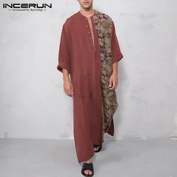 Bărbați musulmani Caftan de Imprimare Mozaic Butonul Maneca Lunga O Gât Bumbac Jubba Echipa arabe Islamice Caftan Casual Dubai Abaya INCERUN