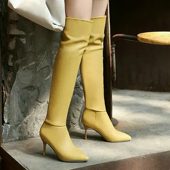 Galben Roz Alb Pentru Femei Cizme Genunchi Ridicat Moda Subliniat De La Picior Toc Subțire De Mare Doamnelor Cizme Lungi Plisate Doamnelor Pantofi De Iarna
