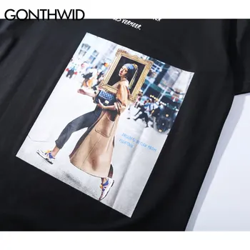 GONTHWID Fata cu Cercel de Perlă Tricouri Barbati Amuzant, Imprimat cu Maneci Scurte Streetwear Tricouri 2020 Masculin Hip Hop Topuri Casual Tees