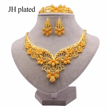 Seturi de bijuterii de lux din Dubai culoare de aur pentru femei cadouri de nunta colier cercei bratara inel de mireasa iubitor din Africa set bijuterii