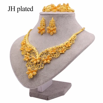 Seturi de bijuterii de lux din Dubai culoare de aur pentru femei cadouri de nunta colier cercei bratara inel de mireasa iubitor din Africa set bijuterii