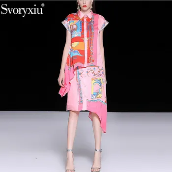 Svoryxiu Elegant Pista de Vara de culoare Roz Imprimate Fusta Costum Femei Casual de Vacanta Partid Asimetrie de Moda Set de Două Piese de sex Feminin