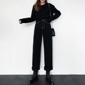 Negru Vrac Wide-Leg Blugi Casual pentru Femei pantaloni 2020 Nou Toamna Mujer Pantaloni Pantaloni cu Talie Înaltă Streetwear Supradimensionate, Pantaloni