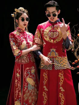 Tradițional Mireasa Broderie Cheongsam Phoenix Îmbrăcăminte Qipao Broderie Satin Rosu Topuri Pentru Femei Rochie De Brocart Auriu