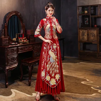 Tradițional Mireasa Broderie Cheongsam Phoenix Îmbrăcăminte Qipao Broderie Satin Rosu Topuri Pentru Femei Rochie De Brocart Auriu