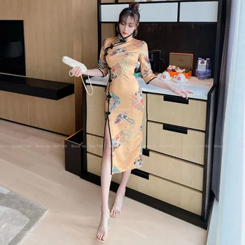 Chineză Tradițională Îmbunătățită Cheongsam Femei Vintage Slim Retro Qipao Club De Noapte Sexy Bodycon Eleganta De Imprimare Rochie De Seara Formale
